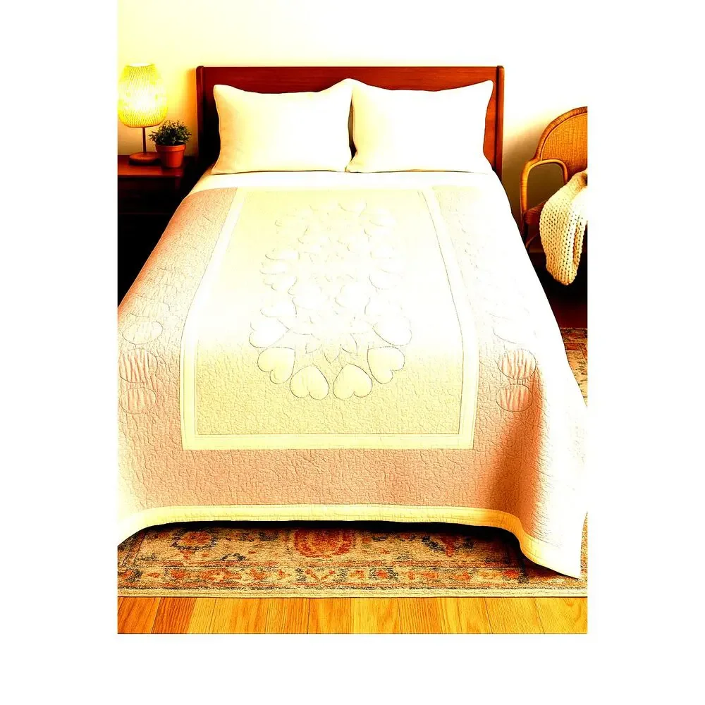 Vintage Handmade Heart Patchwork Quilt Pink Cream Cottagecore Bedding 48 x 78